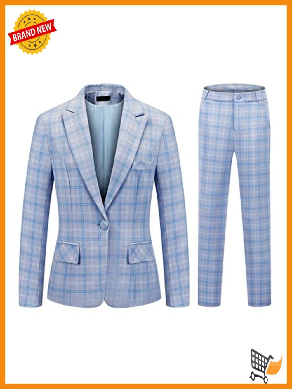 Women's 2 Piece Plaid Business Suit Blazer and Pants Set Polyester